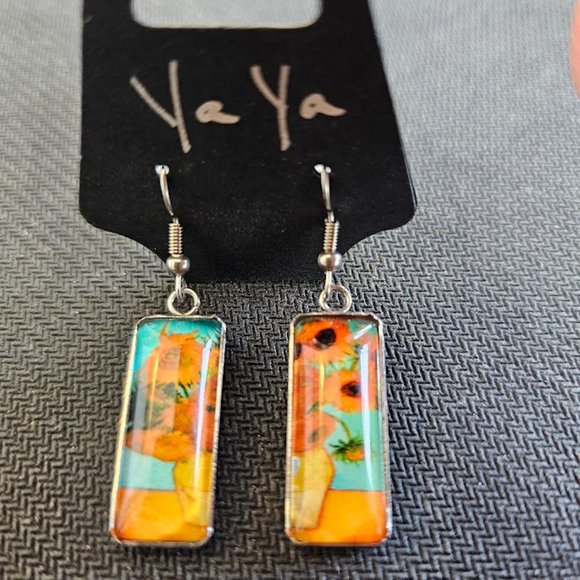 Sunflower Van Gogh Painting Drop Dangle Fish Hook Earrings  - Picture 3 of 6